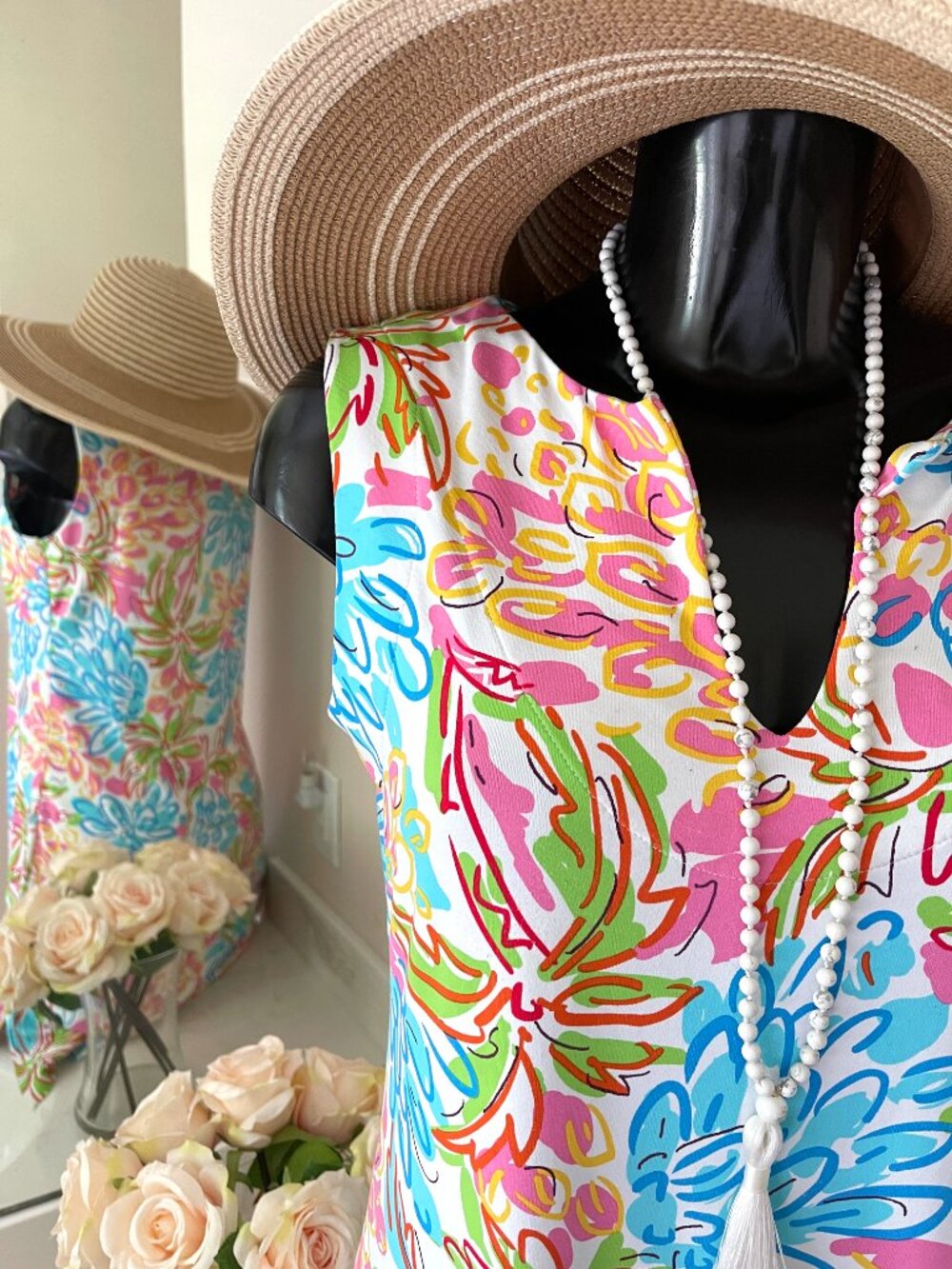 BARBARA GERWIT Dress MEDIUM pink/blue sleeveless Floral Sun Dress Stretch - Picture 6 of 8